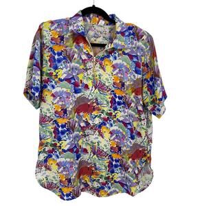 VTG Missudo Floral Top 1/4 Zip Collared Popover Blouse Short Sleeve